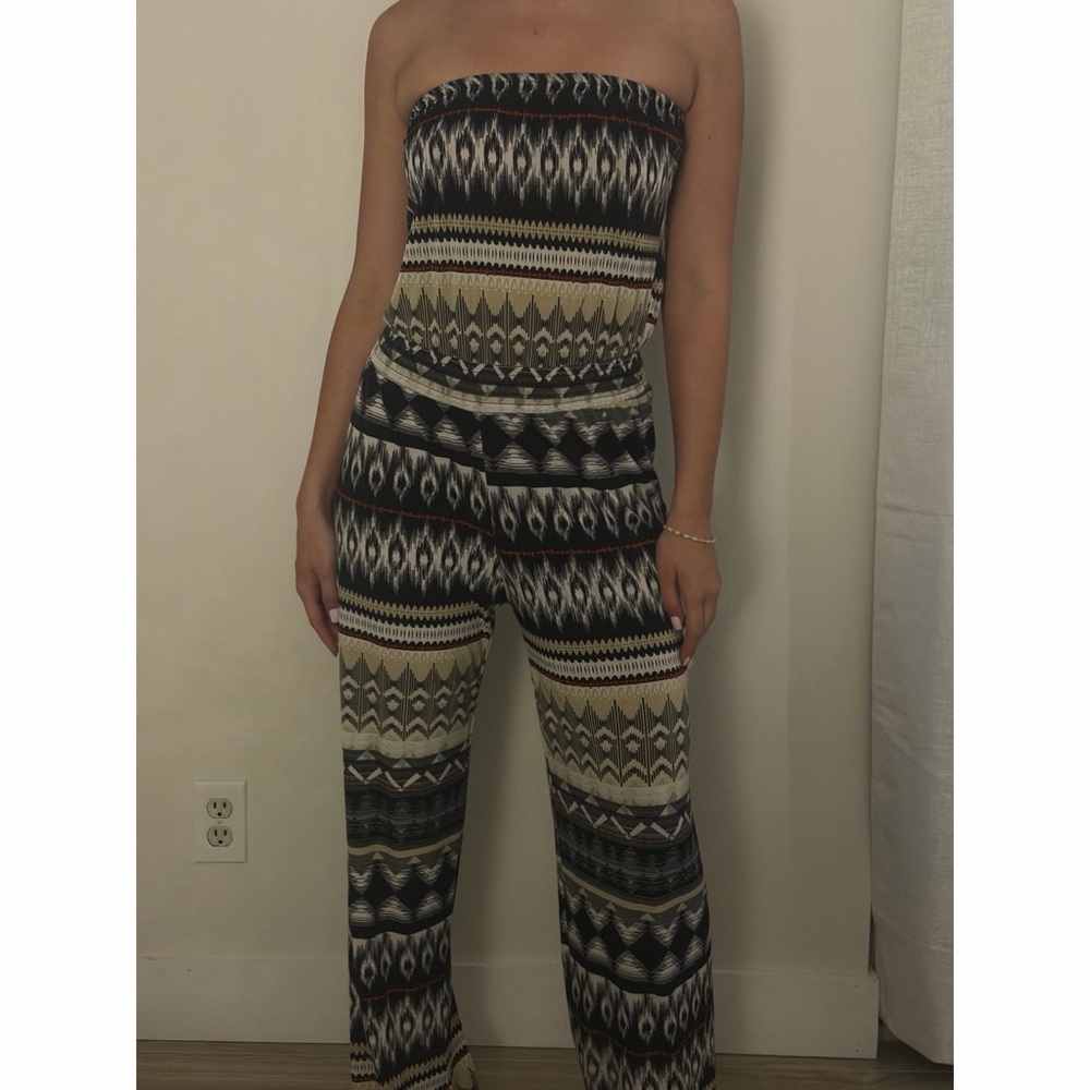 Strapless Patterned Wide-Leg Jumpsuit - Black & Tan
